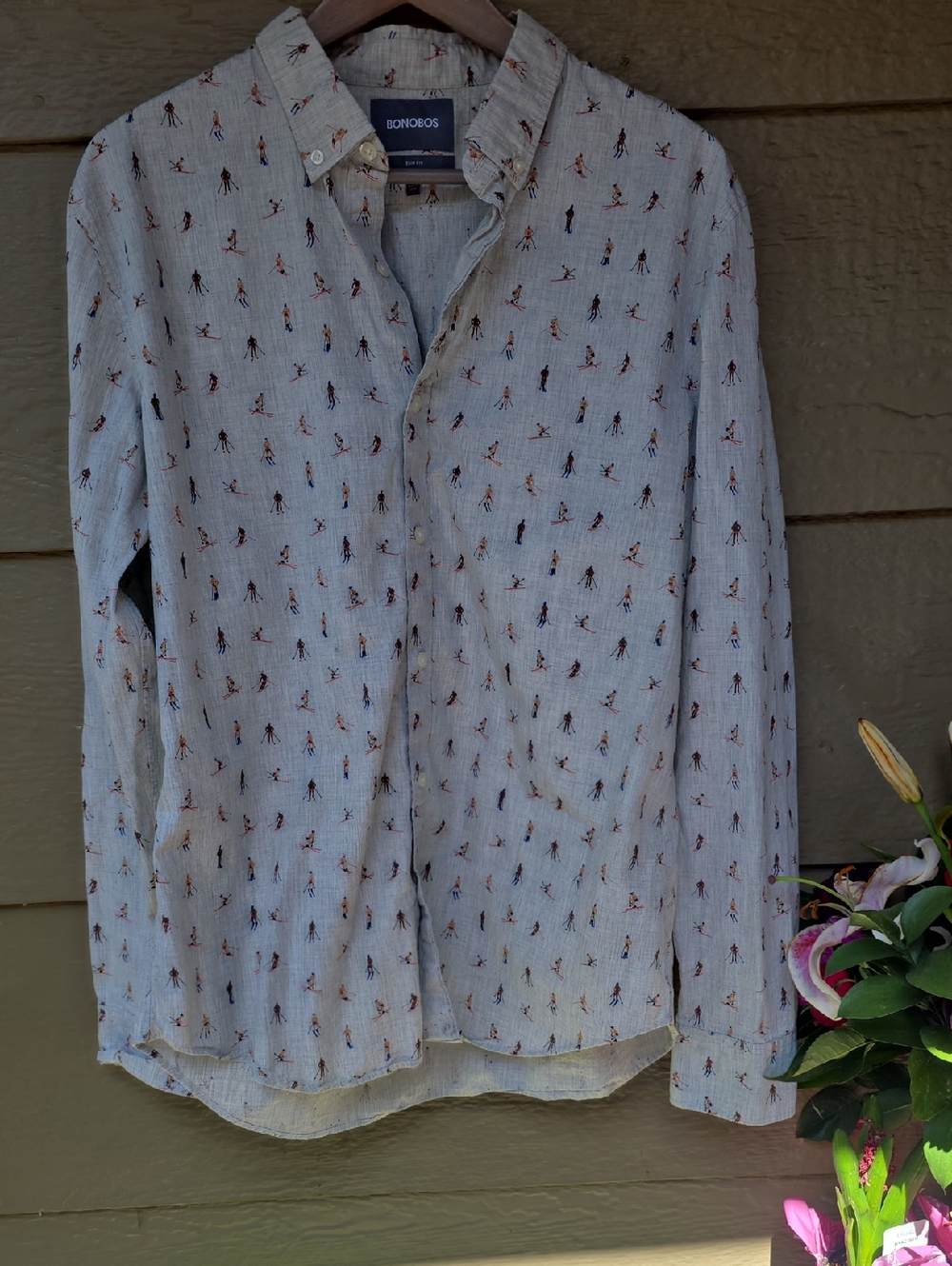 Bonobos Slim Fit Ski Print Gray Button Down Dress Shirt Large L